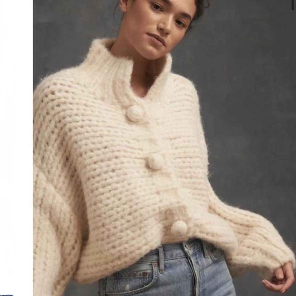Cream Chunky Knit Cardigan Sweater with Pom Buttons
